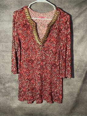 Joyous & Free Tunic Mini Dress L Pink Geometric Gold Chain Neck Resort Cover Up